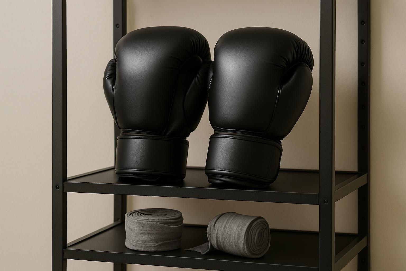 A pair of black boxing gloves sits atop a black shelf, accompanied by three rolls of grey hand wraps, one large and two sm...